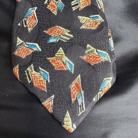 DAMON Other - Vintage Damon Mens Black Necktie Blue and Orange Geometric Silk Made In Italy